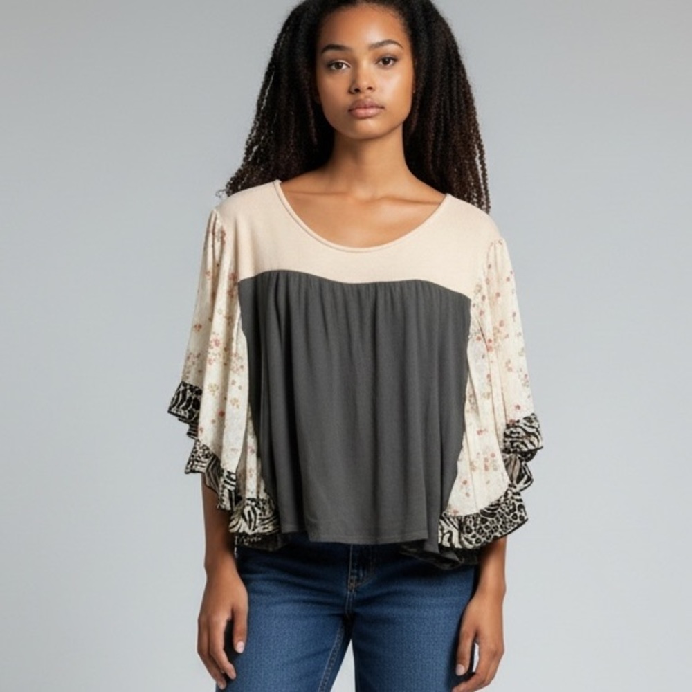 CELESTE | Spring Affair Colorblock Floral Flutter Sleeves Boho Top size Medium